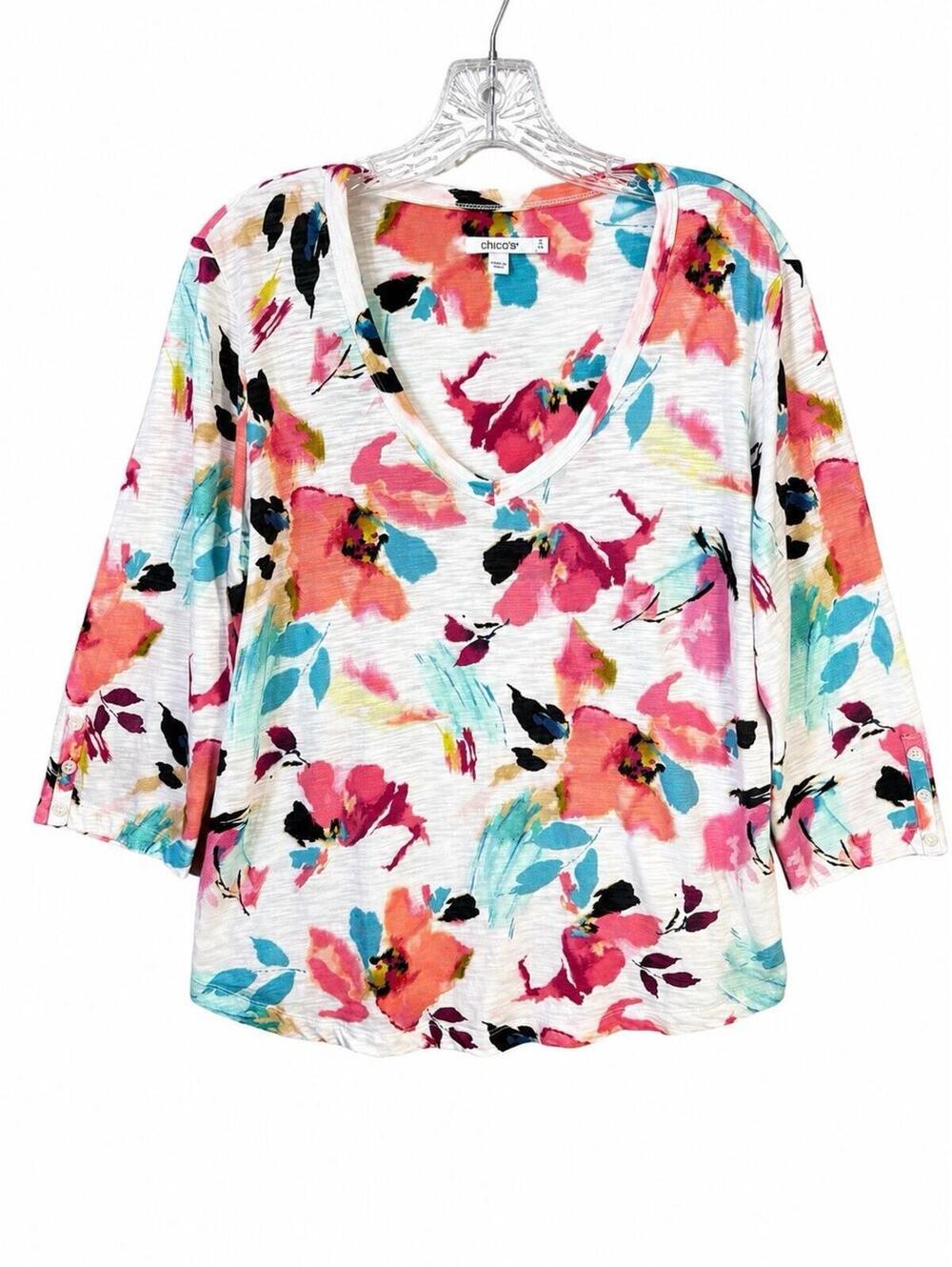 Chico’s Size 2 Large Floral Watercolor Slub Knit Top 3/4 Sleeve Cotton Modal